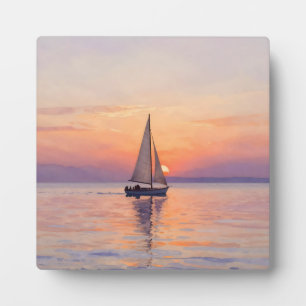 Plaque Photo Paysage marin aquarelle de voilier au coucher du s