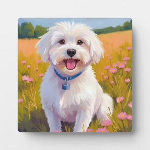 Plaque Photo Peinture de champ de fleurs de chien maltais