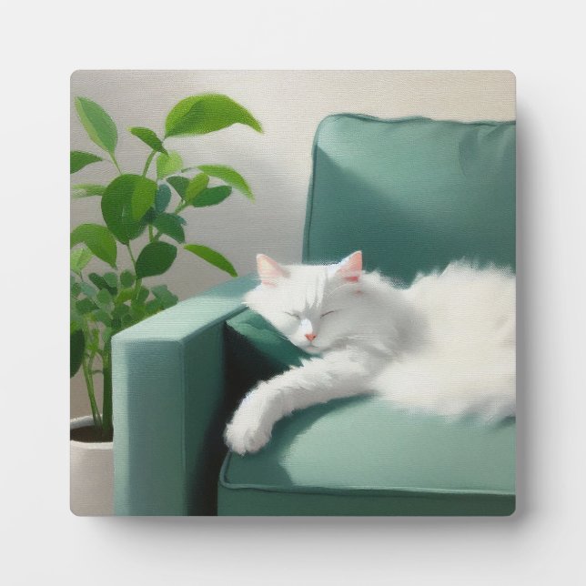 Plaque Photo Peinture de chat dormant sur un canapé vert (Devant)