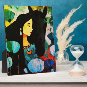 Plaque Photo Peinture de la femme et du cheval turquoise