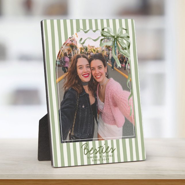 Plaque Photo Personalized Best Friends Photo Preppy Stripes Bow (Créateur téléchargé)