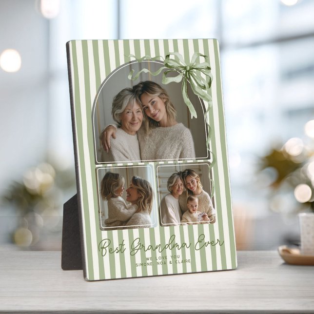 Plaque Photo Personalized Grandma Sage Green Photo Keepsake Bow (Sage green personalized Best Grandma Ever photo plaque with family photos)