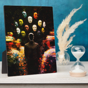 Plaque Photo Personnage sans visage entouré de visages masqués