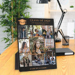 Plaque Photo Personnalisé 9 photo collage or noir nom du diplôm<br><div class="desc">Élégant luxe moderne élégant nom de diplômé,  classe de l'année,  et l'école personnalisée de la plaque de tenue de graduation avec un faux plateau de graduation en cuivre d'or métallique,  et 9 photos personnalisées sur un arrière - plan en cuir noir comme (TEXTURE IMPRIMÉE).</div>