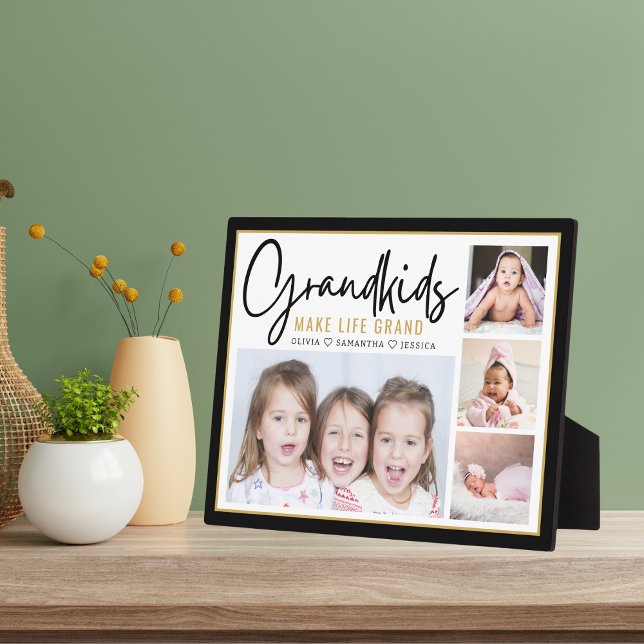 Plaque Photo Petits-enfants font la vie grande personnalisée 4  (Grandkids Make Life Grand Personalized 4 Photo Collage picture frame Plaque)