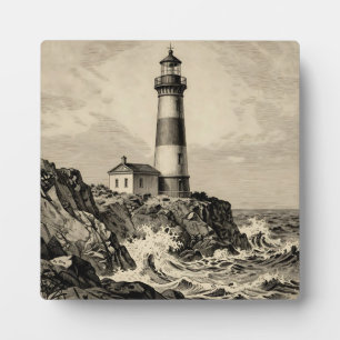 Plaque Photo Phare rayé vintage côte orageuse
