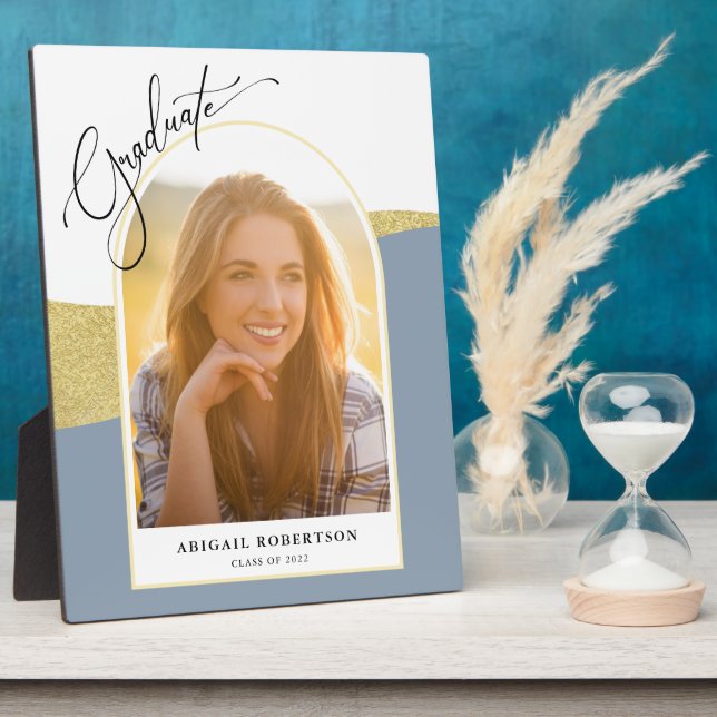 Plaque Photo Photo Arché Moderne Bleu & Gold Graduation (Côté)