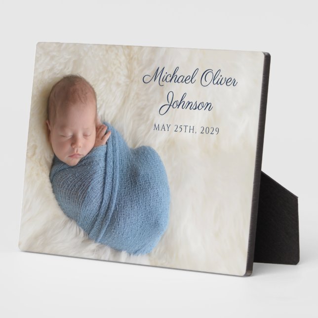 Plaque Photo Photo bébé écriture nom date de naissance bleu (Côté)