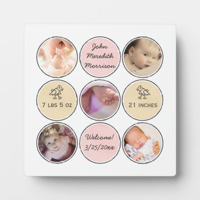 Plaque Photo Photo Collage Baby Girl Nom, birth stats and duck (Devant)