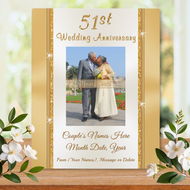 Plaque Photo Photo et cadeau personnalisé du 51e anniversaire (51st wedding anniversary gift for parents. Traditional gold photo, 51st wedding anniversary present.)