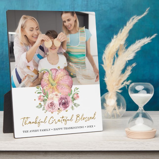 Plaque Photo Photo Thanksgiving Citrouille personnalisé rose (Côté)