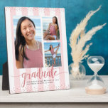 Plaque Photo Pink Rose Gold Graduation 3 Parties scintillant ph<br><div class="desc">Soyez fier, réjouissez-vous et présentez cette étape importante de votre grade favori. Créez cette plaque de dos simple, moderne, minimaliste personnalisée 3 chevalets photo pour un souvenir que vous serez toujours chérir. Parties scintillant manuscrite imitation rose rose brillant, faux point de confetti parties scintillant or rose faux et la typographie...</div>