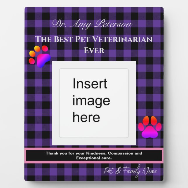 Plaque Photo Plaid violet meilleur animal vétérinaire jamais Pl (Devant)