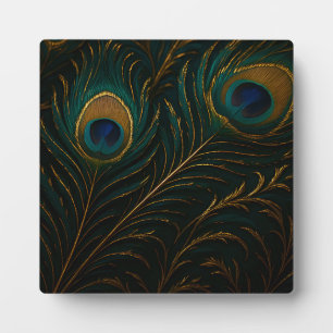 Plaque Photo Plumes de paon luxueuses motif sarcelle doré