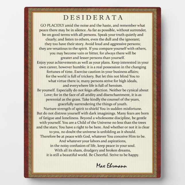 Plaque Photo Poème de style traditionnel Desiderata de Max Ehrm (Devant)
