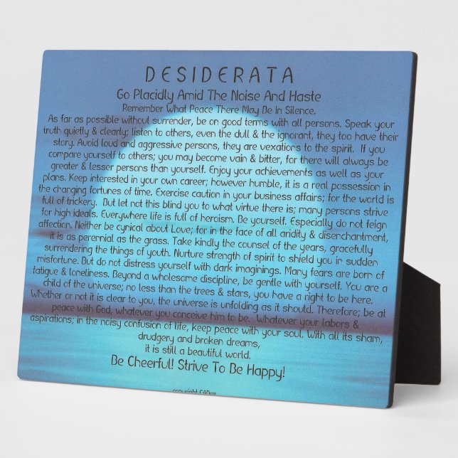 Plaque Photo Poème Desiderata sur le coucher de soleil bleu (Côté)