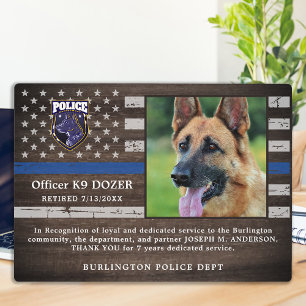Plaque Photo Police K9 Chien Agent d'application de la loi Retr