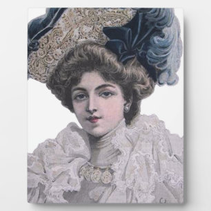 Plaque Photo Portrait de dame Édouardienne vintage Chapeau bl
