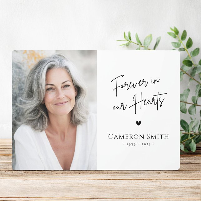 Plaque Photo Pour toujours dans nos coeurs mémorial photo scrip (Forever in our hearts memorial photo modern script plaque)