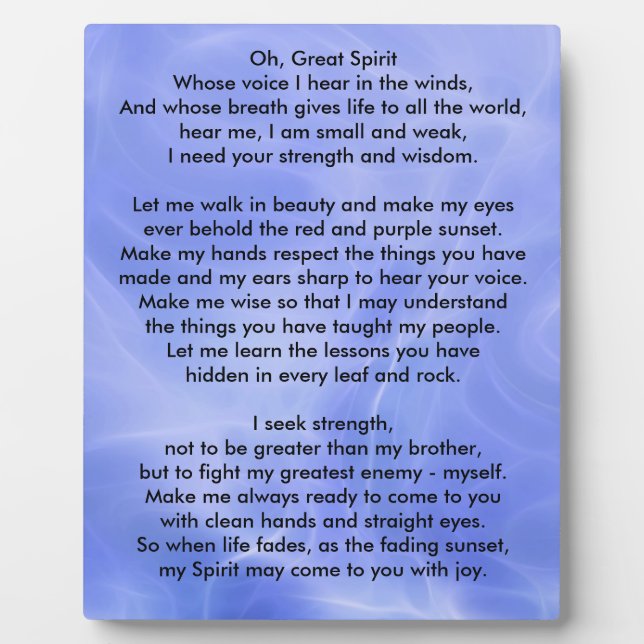 Plaque Photo Prière amérindienne (Devant)