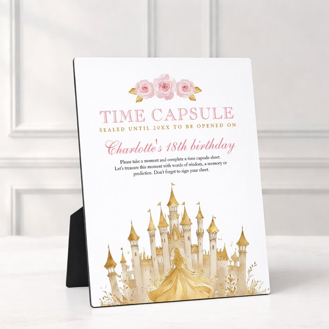 Plaque Photo Princesse rose et or Premier anniversaire heure Ca (Time Capsule Table Top Sign)