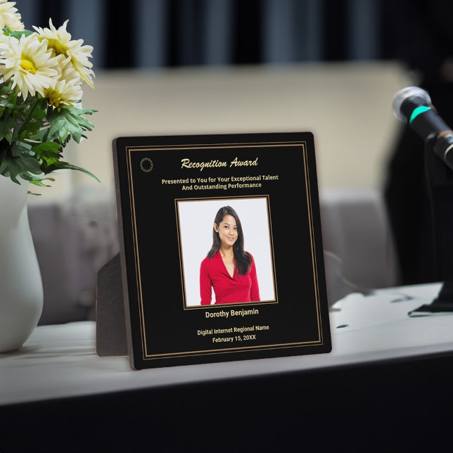 Plaque Photo Prix d'or du logo photo de reconnaissance des empl (Business Employee Recognition Photo Logo Gold Personalize Award Plaque for employees or volunteers.)