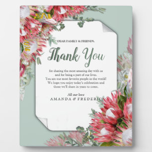 Plaque Photo Protea Fuchsia avec des rubans verts et or