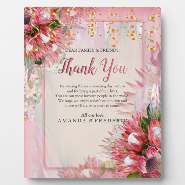 Plaque Photo Protea Fuchsia avec rubans Blush & Gold (Devant)