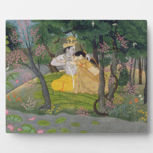 Plaque Photo Radha et Krishna embrassent dans un bosquet de fle