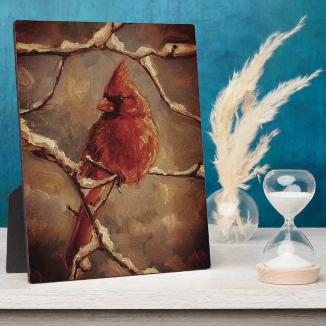 Plaque Photo Red Cardinal Bird Oil Painting – Winter Branch (Côté)