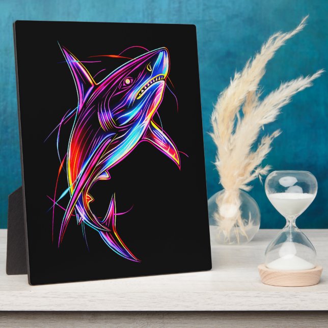 Plaque Photo Requin Néon Vibrant Océan Numérique Moderne (Côté)