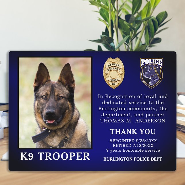 Plaque Photo Retraite de l'unité canine de police Officier Chie (Créateur téléchargé)