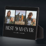 Plaque Photo Retro Black Photo Collage Meilleur Papa Jamais<br><div class="desc">Bloc photo de fête des pères personnalisable avec 3 photos de votre propre avec une police de typographie amusante en dessous qui dit "meilleur père jamais". Un cadeau parfait pour le père. La couleur arrière - plan est noire.</div>