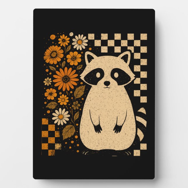 Plaque Photo Retro Checkered Halloween Raccoon (Devant)
