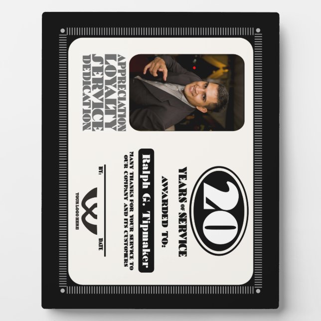 Plaque Photo Rétro employé 20 ans de service (Devant)