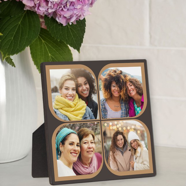 Plaque Photo Retro Pinwheel Fleur Pétale 4 Photo Collage Brown (Retro photo collage with your pics set into petal shaped square frames)