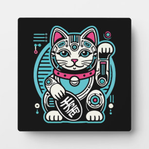 Plaque Photo Robot Cyberpunk Maneki Neko Chat Lucky, Argent