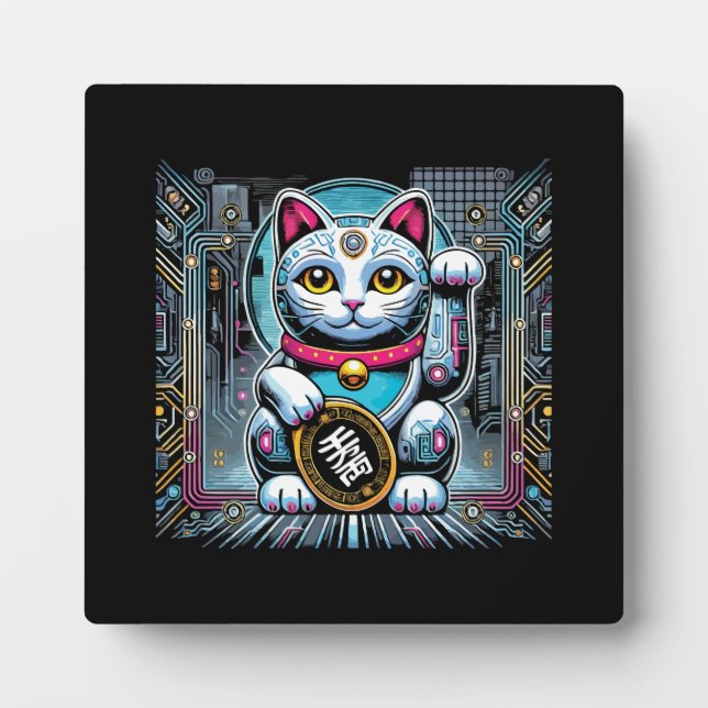 Plaque Photo Robot Cyberpunk Maneki Neko Chat Lucky, Argent (Devant)