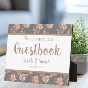 Plaque Photo Rose Gold Floral sur Grey Guestbook Table