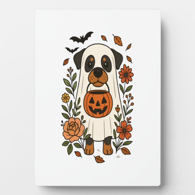 Plaque Photo Rottweiler d'Halloween avec des fleurs (Devant)