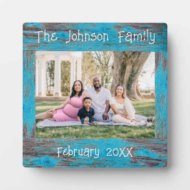 Plaque Photo Rustique Bleu Perdu Bois Nom Cadre Photo (Devant)