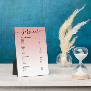 Plaque Photo Salon d'or Rose Blush Liste de prix Service Menu