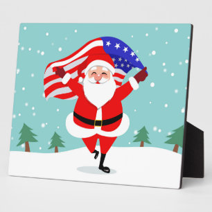 Plaque Photo Santa running with american flag