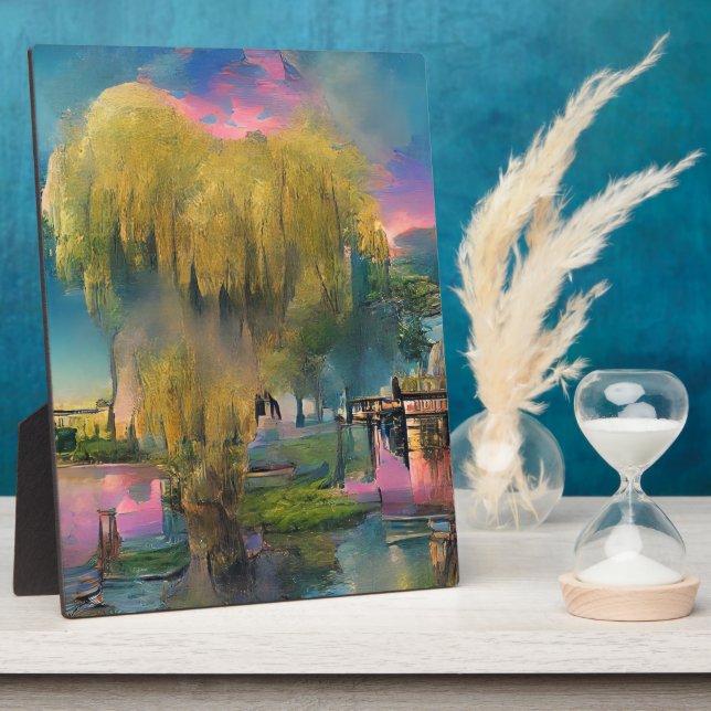 Plaque Photo Saule au coucher du soleil près de l'étang (Côté)