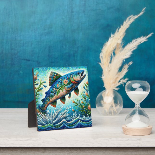 Plaque Photo Saumon Saut Mosaïque Floral Blue Green Peach (Insitu)