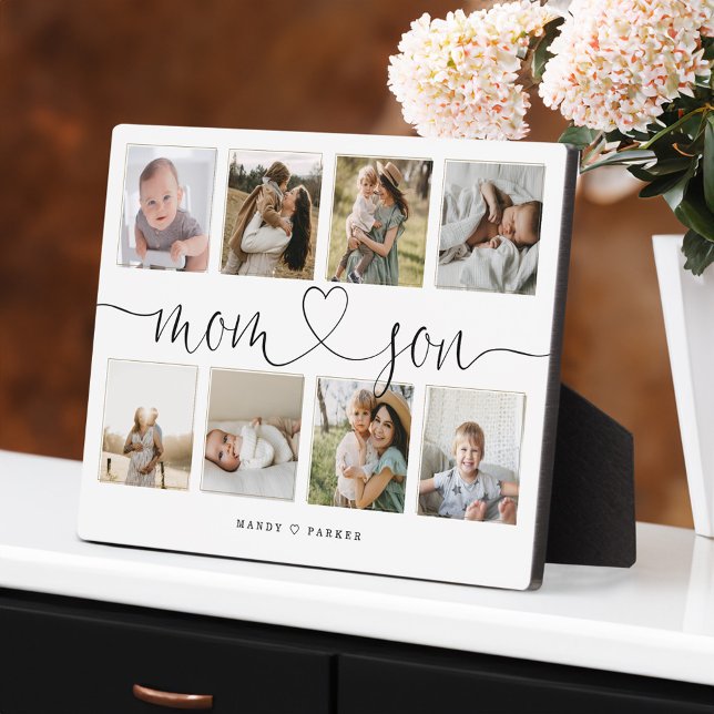 Plaque Photo Script de coeur Maman & Son | Collage de la grille (Mom & Son Heart Script | Photo Grid Collage Plaque)