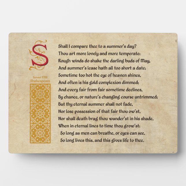 Plaque Photo Shakespeare Sonnet 18 (XVIII) sur Parchemin (Devant)