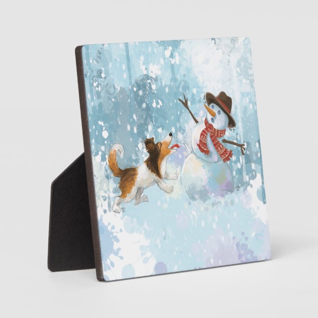 Plaque Photo Sheldon le Sheltie et le Bonhomme de Neige (Recto)