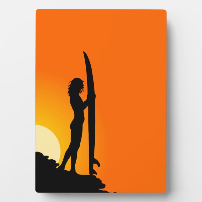 Plaque Photo Silhouette du coucher de soleil surfer (Devant)