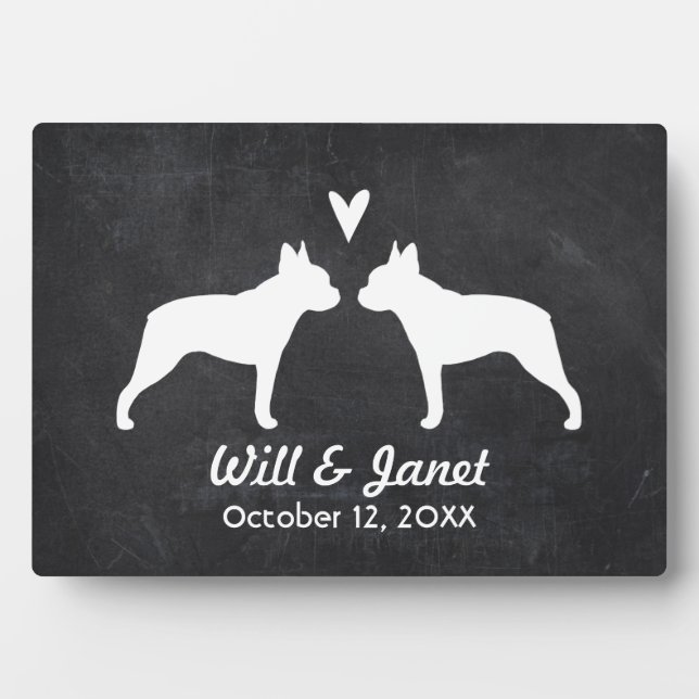 Plaque Photo Silhouettes Boston Terrier avec coeur et texte (Devant)